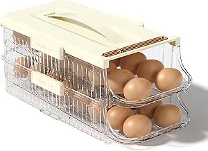 Egg Holder for Fridge Automatic Rolling, Egg Storager Container Organizer Dispenser for Refrigerator Stackable Removable Inner Tray, Egg Accessories (Clear, 2 Rows-2Tiers)