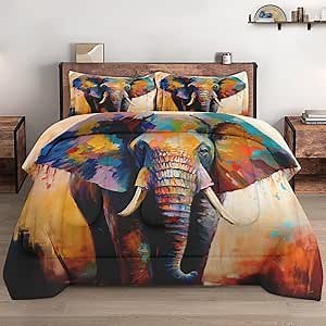 WeCozy Twin Size Comforter Set with Pillowcase, Colorful Wild Animal Elephant Soft 2 Pcs Bedding for Kids and Adults Bedroom Bed Decor