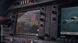 Navigation panel in airplane cockpit. Close up of female hand tuning airplane navigation system. Plane navigation panel. Female hand touching plane control panel. Airplane control panel screen. Gps
