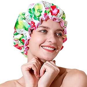 Shower Cap, Reusable Bath Shower Caps for Women Long Hair, Double Layer Waterproof Bathing Shower Hat Hair Protector for Kids Girls Men, Flowers, 1 Pack
