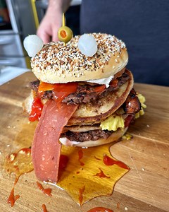 The TALLEST vegan breakfast sandwich we could construct, inspired by Fortnite 🥯🌱🍳🧀 | Foodbeast