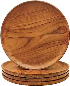 Teak Wood Dinner Plates (10 inch, Set of 4) | Rustic Wooden Plates for Serving Food & Salad | Premium & Handmade