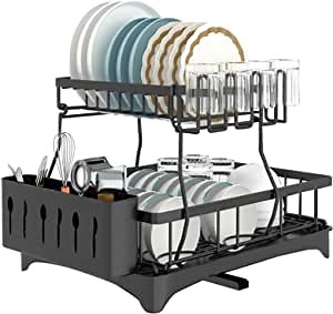 Dish Drying Rack, 2 Tier Large Dish Racks, Stainless Steel Dish Rack, Detachable, Space Saver, Anti Rust, Dish Drainers for Kitchen Counter With Drainboard and Drainage, 16"*12"*13", Black