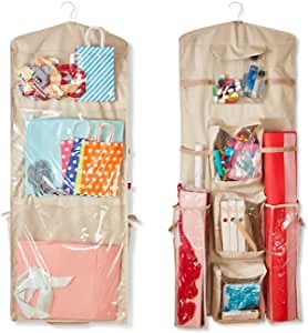 Unjumbly 49.5 Inch Hanging Vertical Gift Wrap Organizer, Double Sided Design, 10 Storage Pockets for Your Gift Wrapping Paper Bows, Gift Bags and Ribbon (Beige)
