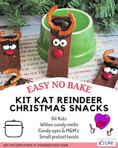This tutorial for our Kit Kat Reindeer Christmas Snacks Recipe is so easy to make, and the entire family will love coming together to make them! https://therebelchick.com/kit-kat-reindeer-snacks-for-easy-christmas-treats/ | The Rebel Chick | Facebook