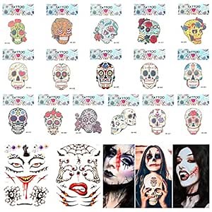 Halloween Temporary Tattoo Fake Blood Chucky Costume Cosplay Colored Contacts Halloween Makeup Dead Cheerleader for Girls Harley Quinn Tattoos Transfer Face Decals Prank Zombies Supplies (18pc)