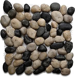 CNK Tile Polished Black and White Pebble Tile – 12" x 12" Natural Stone Mesh-Backed Tiles for Showers Bathrooms Backsplashes Kitchen Décor & Wall Panels – Easy Maintenance Versatile Design – Pack of 1