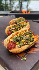 Grilled Hot Dogs with Chimichurri on my FYR grill! 🌭🌿🔥 | Over The Fire Cooking by Derek Wolf