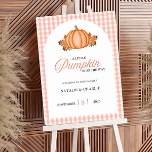 Pumpkin Baby Shower Welcome Sign: Peachy Gingham Fall Decor (canva Template Digital Download - Etsy