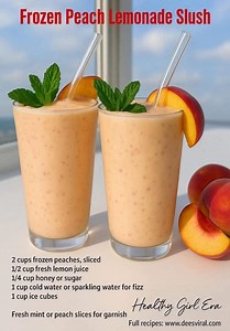 Frozen Peach Lemonade Slush Bright, fruity, and icy cold—this peachy slush is your ultimate summer sip. Ingredients: 2 cups frozen peach slices ½ cup fresh lemon juice ¼ cup honey or sugar (adjust to taste) 1 to 1½ cups cold water or sparkling water for extra fizz 1 cup ice cubes Optional: fresh mint leaves or peach slices for garnish Instructions: 1. Blend the Base: Add frozen peaches, lemon juice, sweetener, and water into a high-speed blender. 2. Add Ice: Toss in the ice cubes and blend again