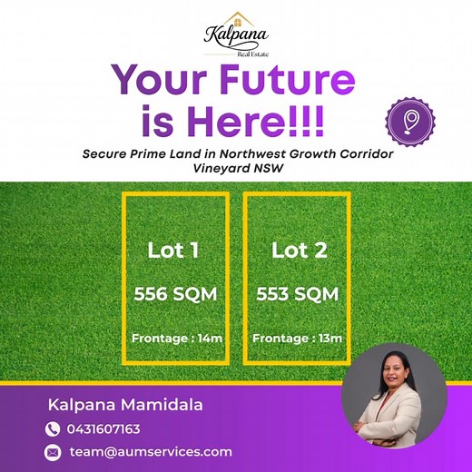 Premium Lands Available in Vineyard!!! Two big, flat blocks with zero easements. Sizes : 556 SQM & 553 SQM Opportunities like this are rare. Act fast! Call now Kalpana Real Estate 📞 0431607163 www.kalpanarealestate.com | Kalpana Real Estate