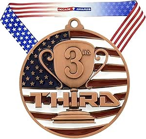 Decade Awards Patriotic Place Medal - Custom Engraved Medal with Stars and Stripes Neck Ribbon - Customize Now (2.75 Inch Wide)