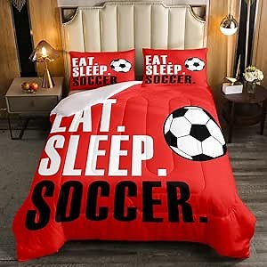 Feelyou Football Comforter Soccer Ball Sports Bedding Set for Boys Girls Women Men Red Eat Sleep Football Comforter Set Ball Games Room Decor Full Size Quilt Set 3Pcs