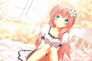 Megurine Luka from Vocaloid sitting on a bed Rare Gallery wallpaper