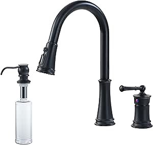 3 Hole Kitchen Sink Faucet with Pull Down Sprayer Matte Black Pull Out Kitchen Faucet with Side Single Handle with Soap Dispenser Sink Faucets