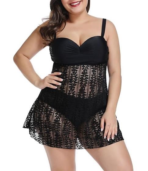 XAKALAKA Women' Plus Size Swimwear Two Pieces Lace Mesh Tankini Swimsuits with Bottoms