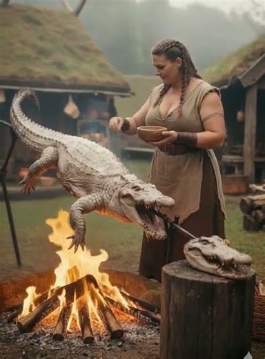Viking Woman Roasting and Salting a Crocodile | Epic Campfire Scene
