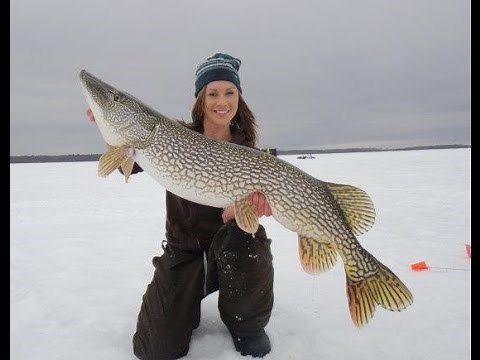 Girls Ice Fishing and cought a big fish - Ice fishing video