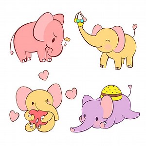 Emotional sticker set with cute elephant in different colors. Kawaii...