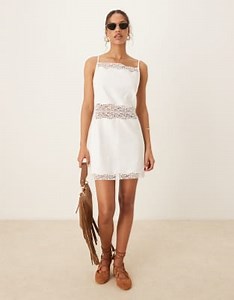 Abercrombie & Fitch square neck lace trim spaghetti strap mini dress in white | ASOS