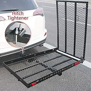 Hitch Mounted Wheelchair Scooter Carrier with Ramp and Hitch Tightener Hitch Mount Foldable Cargo Rack 50" L x 28" W Platform with 42 inch Long Ramp for Most Cars SUV Pickup fits 2inch Receiver
