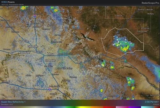 Phoenix Radar Update - 3:59 PM Friday July 19 - Scattered showers and thunderstorms continue to slowly drift southwestward over the higher terrain north and east of the Phoenix area. Any storms will be capable of producing gusty winds in excess of 35 mph and locally heavy rainfall. #azwx | US National Weather Service Phoenix Arizona