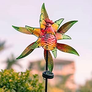 Solar Wind Spinner Garden Decorations Glass Rooster Windmills Metal Outdoor Stake Lights for Yard Lawn Patio