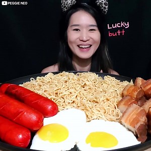 7K views · 221 reactions | Eating Filipino Lucky Me Spicy Pancit Canton with Lechon Kawali & Hot Dogs! #mukbang #noodles #asmr #pancit #filipinofood #pinoyfood #reaction #crispy | Peggie Neo | Facebook