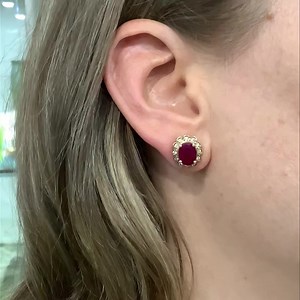 Vintage Ruby Earrings - - - - For the Lady in Red ❤️ ! Deep red rubies; 2 oval facetted rubies 3.77ct total weight, set with a 24 brilliant cut diamond surround, .36ct total weight in 14kt yellow gold. More photos, pricing and full description available by tapping the shopping bag 💼 icon on your screen or online at www.cynthiafindlay.com with the product code 88198. Facebook: www.cynthiafindlay.com/antique-vintage-estate-jewellery/earrings/ruby/vintage-ruby-and-diamond-earrings-88198.html - Vot