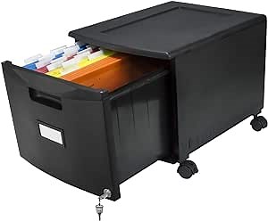 Storex Plastic One-Drawer File Cabinet – Locking Document Organizer with Casters for Home and Office, Black, 1-Pack (61264A01C)
