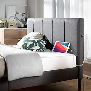 Zinus Maddon Upholstered Platform Bed Frame with USB Ports, Mattress Foundation, Wood Slat Support, No Box Spring Needed, Easy Assembly, Grey, Full