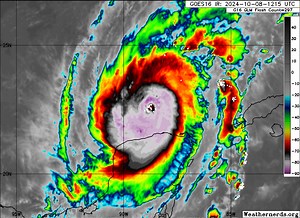5.5K views · 34 reactions | HURRICANE MILTON REMAINS POWERFUL CATEGORY 4 HURRICANE Latest satellite imagery shows Milton continuing as a powerful Category 4 hurricane. Milton has a small eye allowing for a stronger storm as well as frequent lightning activity showing very intense thunderstorm activity in the eyewall. | Florida Weather Watch | Facebook