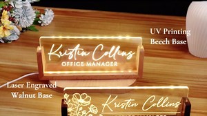 Personalized LED Name Plate for Desk, Light Up Acrylic Office Decor Desk Name Plate with Wooden Base, Custom Name Logo Quote, Appreciation Gifts for Boss Coworkers Employee Women Men (Signature)