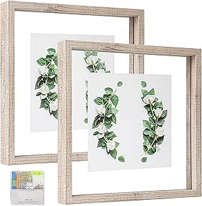 MUYE 10x10 Floating Frame Distressed Beige White Wood Pattern,Double Glass Square Picture Frame Display Any Size Photo up to 10x10,Wall Mount or Tabletop,2 Pack