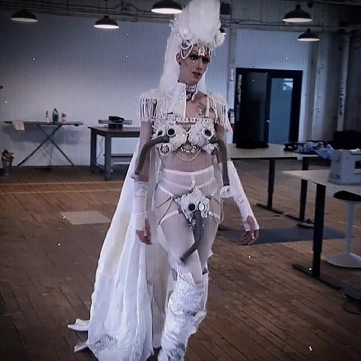 Here is the fabulous Charlize Angel wearing my creation for Week 5 of Sew Fierce. The category is Burlesque! I wish I had a photo of her from behind, because the massive cape is made entirely of vintage wedding dresses and has a gorgeous sheer panel in the back where you can see her bum (and the fun bow detail I put on the back of the panties. Even though it doesn't look like it, this outfit actually has quite a few pieces that all can be taken off separately. So even though we were being judged