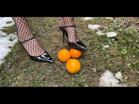 Heels crush fruit - ASMR crushing and trampling fruit in black heels - food