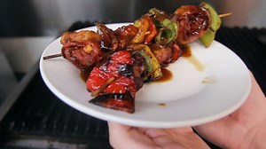 Duck Kabobs are back!! Duck breast wrapped in bacon with a pineapple and served on a skewer with belll peppers, onions, and topped with a fig sauce made from figs picked in acadiana. View our full menu at BroaddusBurger.com. Duck Kabobs are only available until Christmas. | Broaddus Burgers
