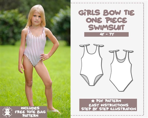 Girls Bow Tie Swimsuit Sewing Pattern: One Piece Swimwear (PDF Pattern 4Y-7Y) - Etsy