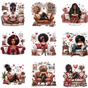 Afro Woman Book Lover PNG, Black Girl Reading Sublimation, Cozy Bookish Clipart Bundle, Valentine Love Aesthetic Art, Instant Download - Etsy