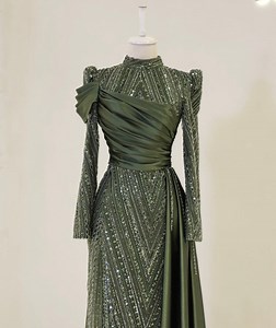 Handmade Olive Satin Prom Dress: Beaded Islamic Evening Gown - Etsy