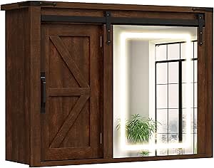 DWVO Farmhouse Medicine Cabinet Mirror with Lights, Bathroom Wall Cabinet w/Rustic Sliding Barn Door, Bathroom Storage Cabinet Organizer with Adjustable Shelf, Memory 3-Color Mode LED, 32" Brown Oak