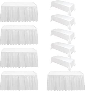 5Pack Table Skirt Disposable White Tableskirts 29 in x 14 ft Plastic Tableskirt with 5 Pack 54 x 108inch Plastic Tablecloths Rectangular Tablecloth Skirt for Birthday Party Banquet Wedding Baby Shower