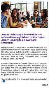 AITA for rebuking a friend after she referred to my girlfriend as the 🙊 “token Asian” leading to 🐭 an awkward situation? | Reddit AITA