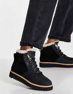 TOMS Mojave waterproof borg lined suede lace front boots in black | ASOS