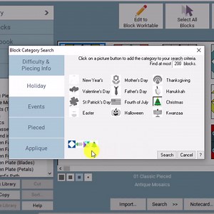 #TuesdayTip  All the blocks in the EQ8 Library are organized into five main categories: Difficulty & Piecing Info, Events, Holidays, Pieced, and Appliqué. You can use the Search By Category feature to choose which of these categories you want your block to be! In our example, we searched for blocks that are beginner sewing level, pieced, paper pieceable, and Christmas-themed. Check out the results! | Electric Quilt | Facebook