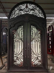 [Hot Item] Arch Top Transom Wrought Iron Steel Front Entrance Door with Double Glass Door Panel