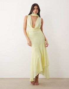 TFNC Bridesmaids cowl neck chiffon midi dress with neck tie in butter yellow | ASOS