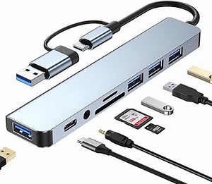 8 in 1 High Speed ​​USB Hub Plus - USB-C Connector, TF/SD Card Reader, Audio Out, 5.3' Cable, Compatible with MacBook/iPad Pro/Dell/HP Laptops and Cell Phones, Data Transfer and Expansion