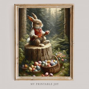 Easter Bunny Painting Eggs Wall Art | Vintage Art | Farmhouse Spring Decor | Easter Eggs Oil Painting Download | Cottagore Digital Print - Etsy