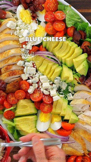 Easy Chicken Cobb Salad with the best homemade Cobb Salad Dressing! RECIPE: https://natashaskitchen.com/cobb-salad/ | NatashasKitchen.com